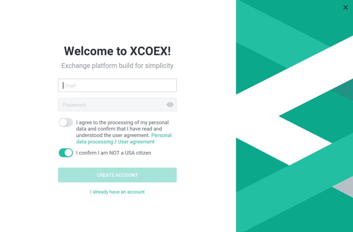 Giao diện đăng ký sàn XCOEX