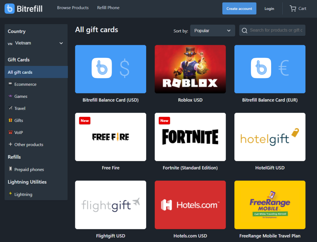 Mua thẻ quà tặng bằng Bitcoin qua Bitrefill để tiếp cận nhiều sản phẩm mua sắm giảm giá khác.