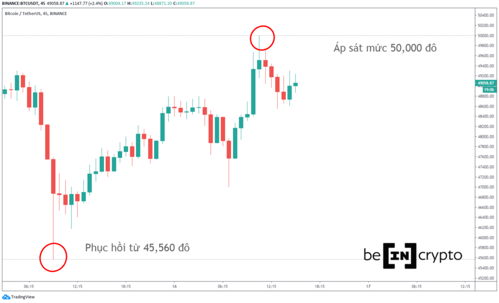 Giá Bitcoin phản ứng tại vùng 50,000 đô la.