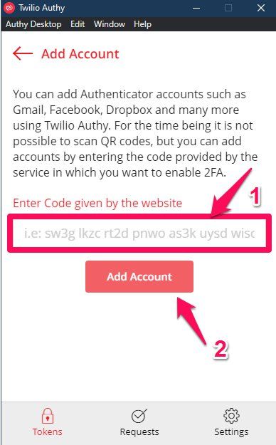 (1) Paste mã đã copy ở bước 2. (2) Nhấp "Add Account"