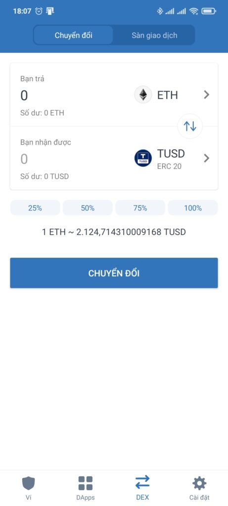 Giao diện DEX trên Trust Wallet.