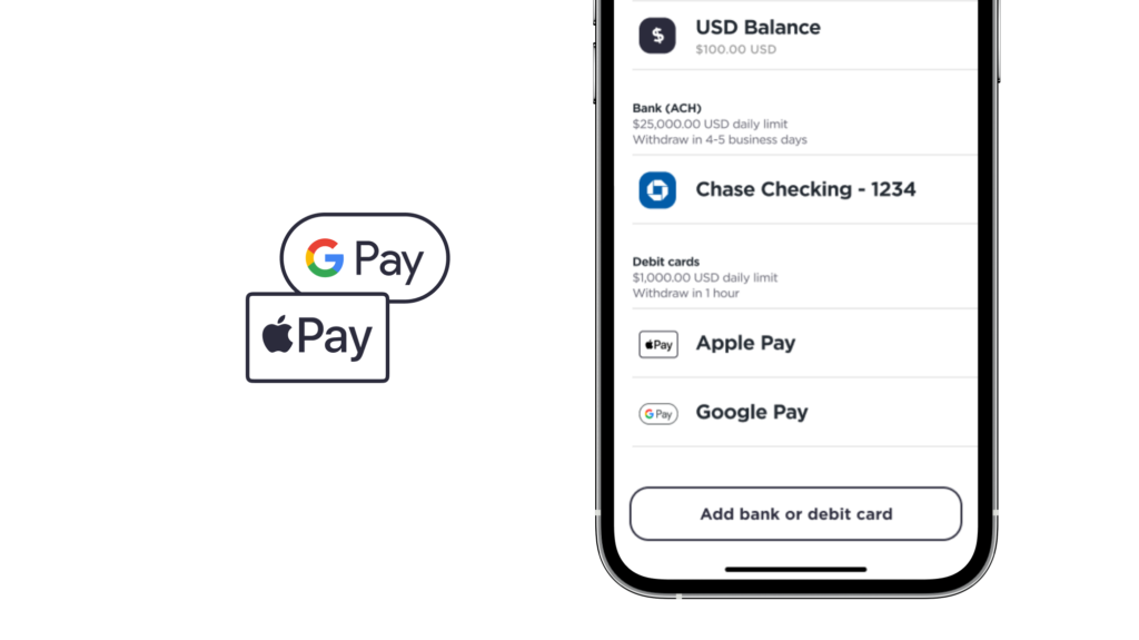 Giao diện hỗ trợ thanh toán mua Bitcoin bằng Google Pay và Apple Pay trên Gemini.