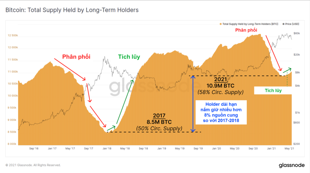 So sánh giá Bitcoin và lượng Long-Term Holder. Nguồn: Glassnode.
