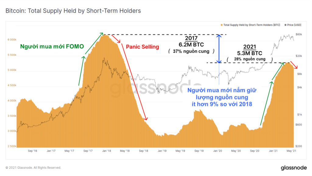 So sánh giá Bitcoin và lượng Short-Term Holder. Nguồn: Glassnode.