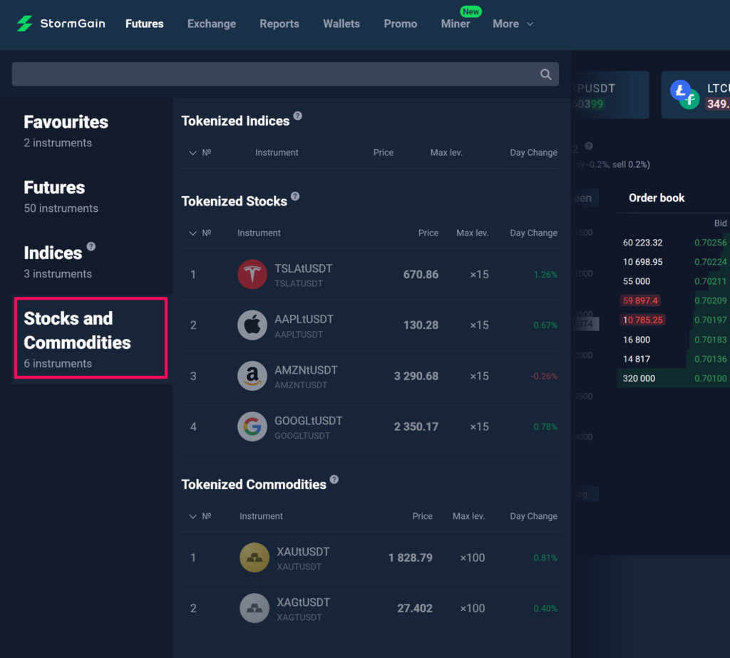 Giao diện để chọn giao dịch token cổ phiếu trên StormGain.