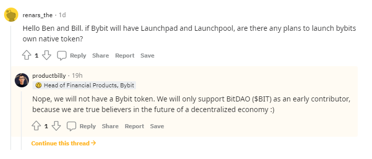Bản thân người đứng đầu phụ trách các sản phẩm tài chính của Bybit cũng đã khẳng định họ sẽ không cho ra mắt token riêng. 