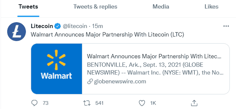 Thời điểm trang twitter chính thức của Litecoin đăng tải fake news từ Globenewswire.