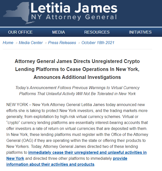 Thông báo chính thức của Tổng chưởng lý New York Letitia James.