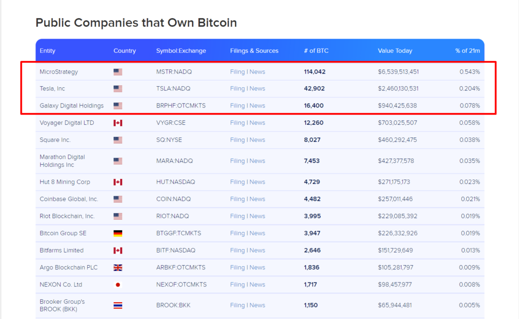 Bảng xếp hạng các công ty tư nhân hold Bitcoin. Nguồn: buybitcoinworldwide