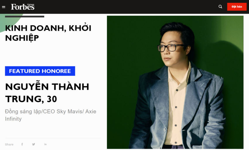 Founder Axie Infinity & CEO Sky Mavis, Nguyễn Thành Trung lọt top 30 under 30. Nguồn: Forbes