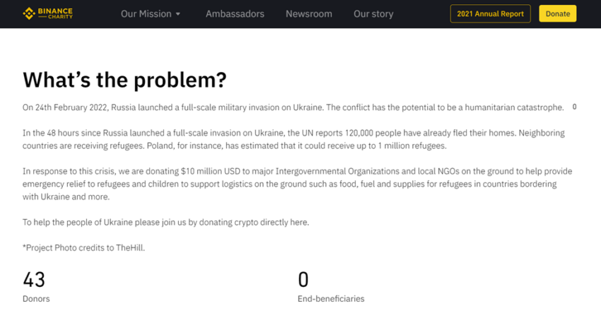 Kênh quyên góp được Binance thành lập ngày 27/02. Nguồn: Binance