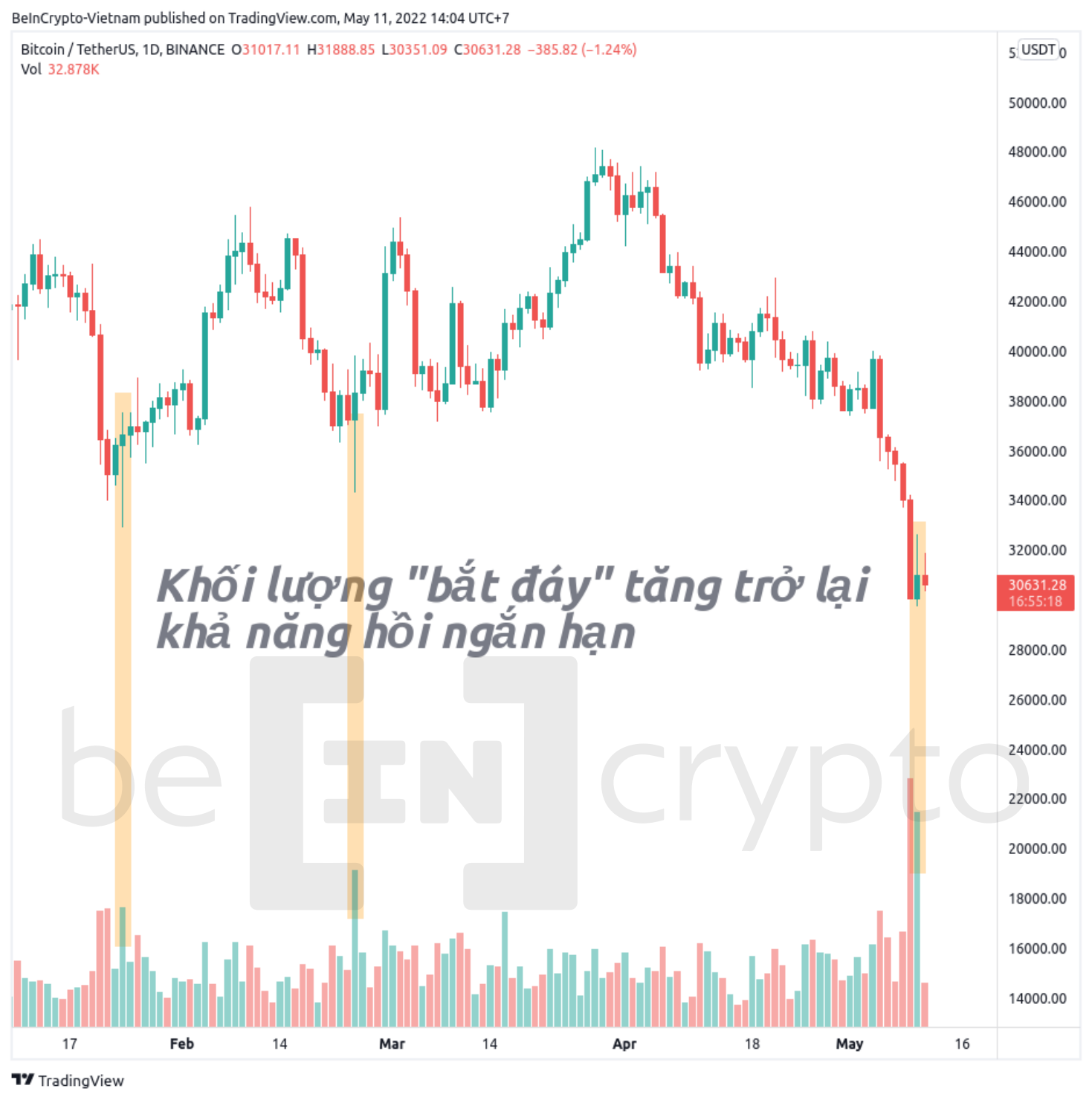 Khối lượng giao dịch tăng cao tại hỗ trợ. Nguồn: vn.beincrypto.com
