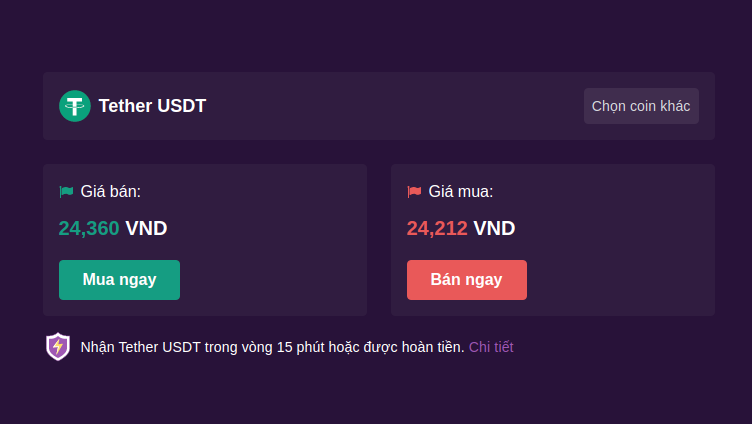 Giá USDT/VND tăng lên hơn 24,000 USD. Nguồn: remitano.