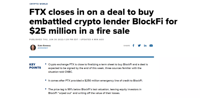 CNBC đưa tin về việc FTX mua lại BlockFi với giá 25 triệu USD