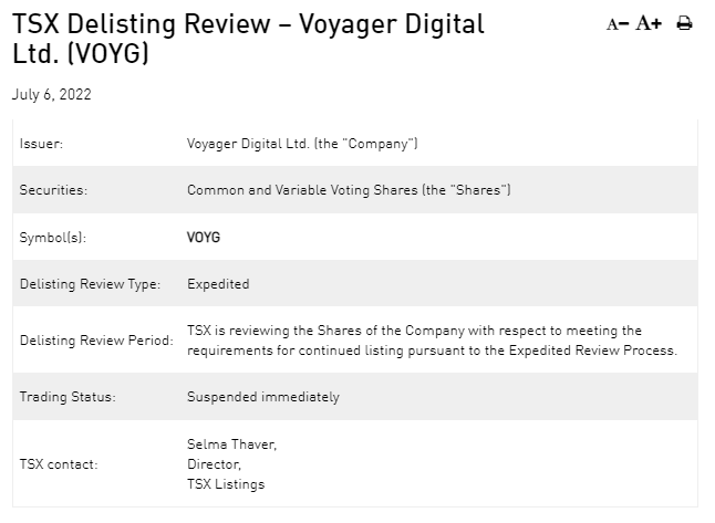 Thông báo hủy niêm yết chứng khoán của Voyager Digital từ sàn Toronto