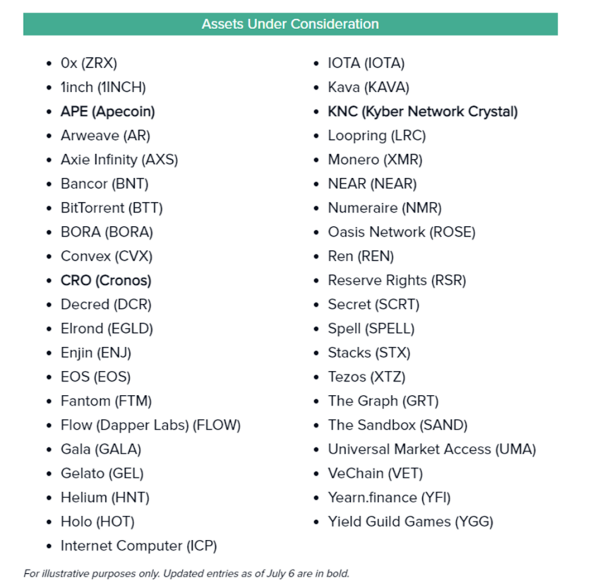 Danh sách các Altcoin được Grayscale xem xét. Nguồn: Grayscale