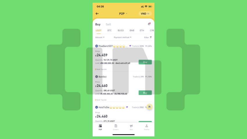 Tỷ giá mua USDT trên Binance P2P