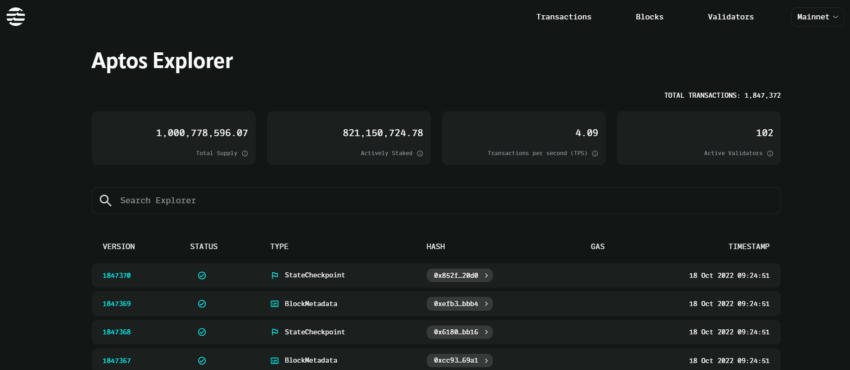 Một vài thông số khi Aptos mainnet ra mắt