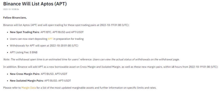 Binance thông báo niêm yết APT coin