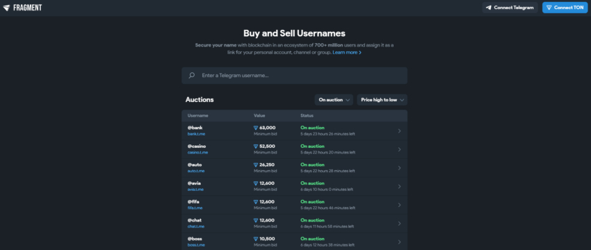 Telegram cho phép người dùng mua Telegram username bằng Toncoin