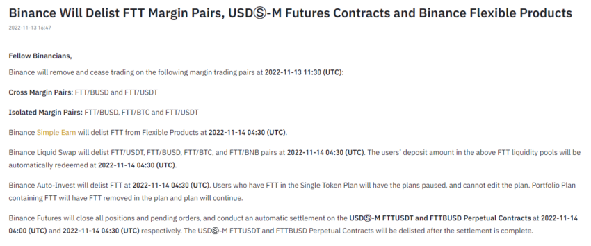 Binance delist các cặp giao dịch FTT