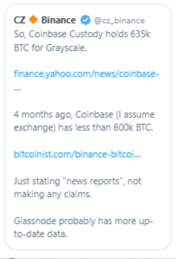 Đoạn tweet đã bị xóa của CZ khi nói về dự trữ BTC của Coinbase