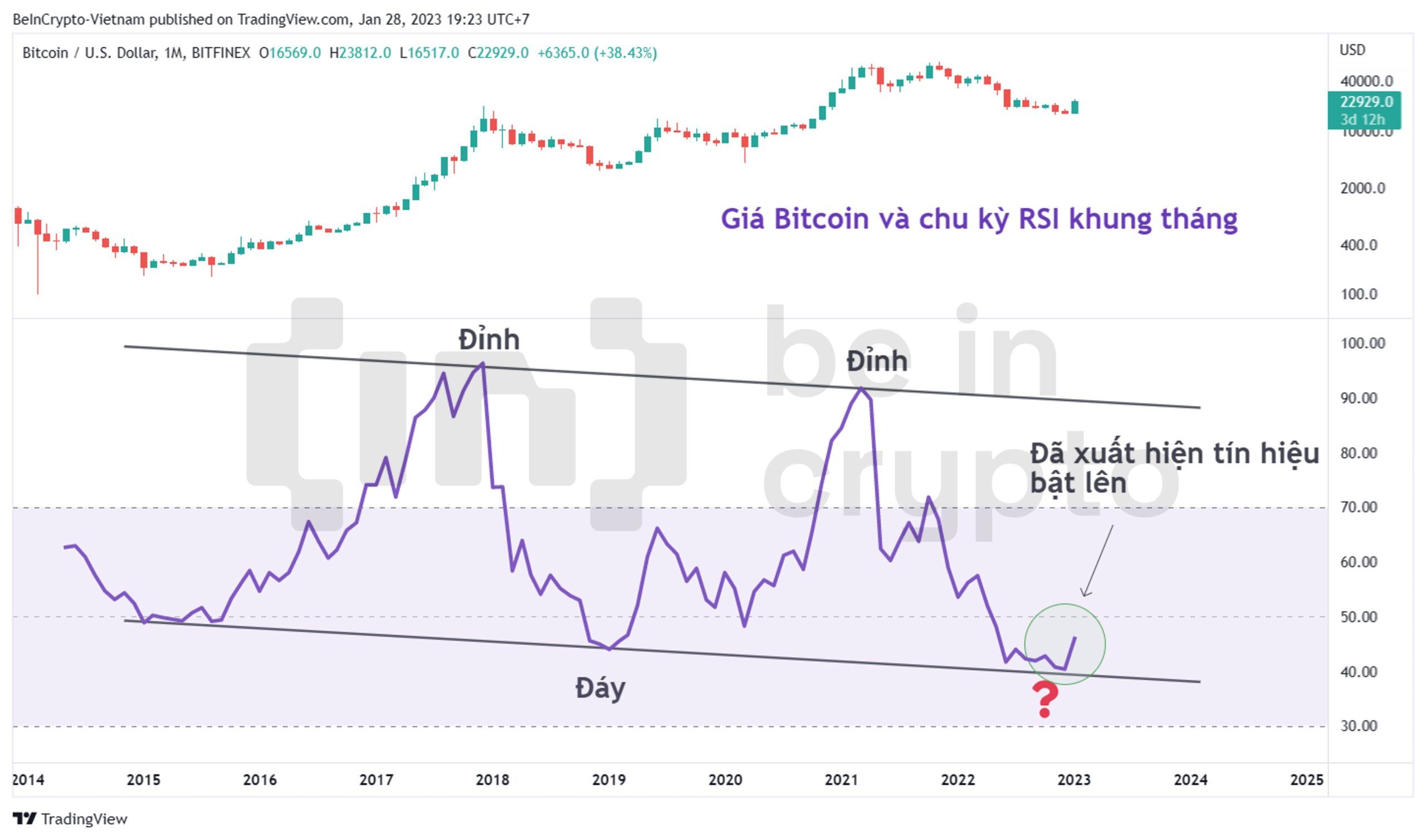 Giá Bitcoin và RSI khung tháng.