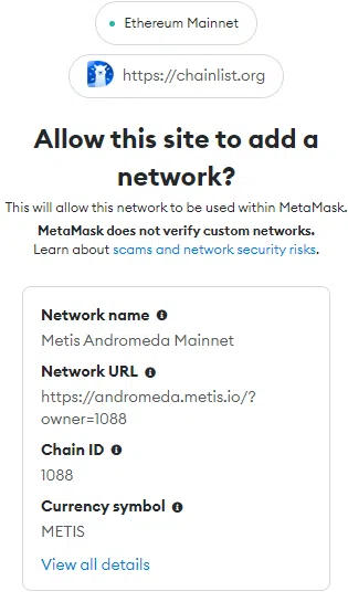 Tùy chọn 1: Sử dụng Chainlist - Xác nhận lại kết nối với mạng Metis