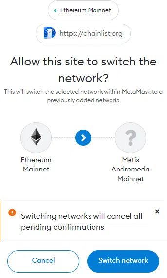 Tùy chọn 1: Sử dụng Chainlist - Phê duyệt chuyển đổi mạng trên cửa sổ MetaMask
