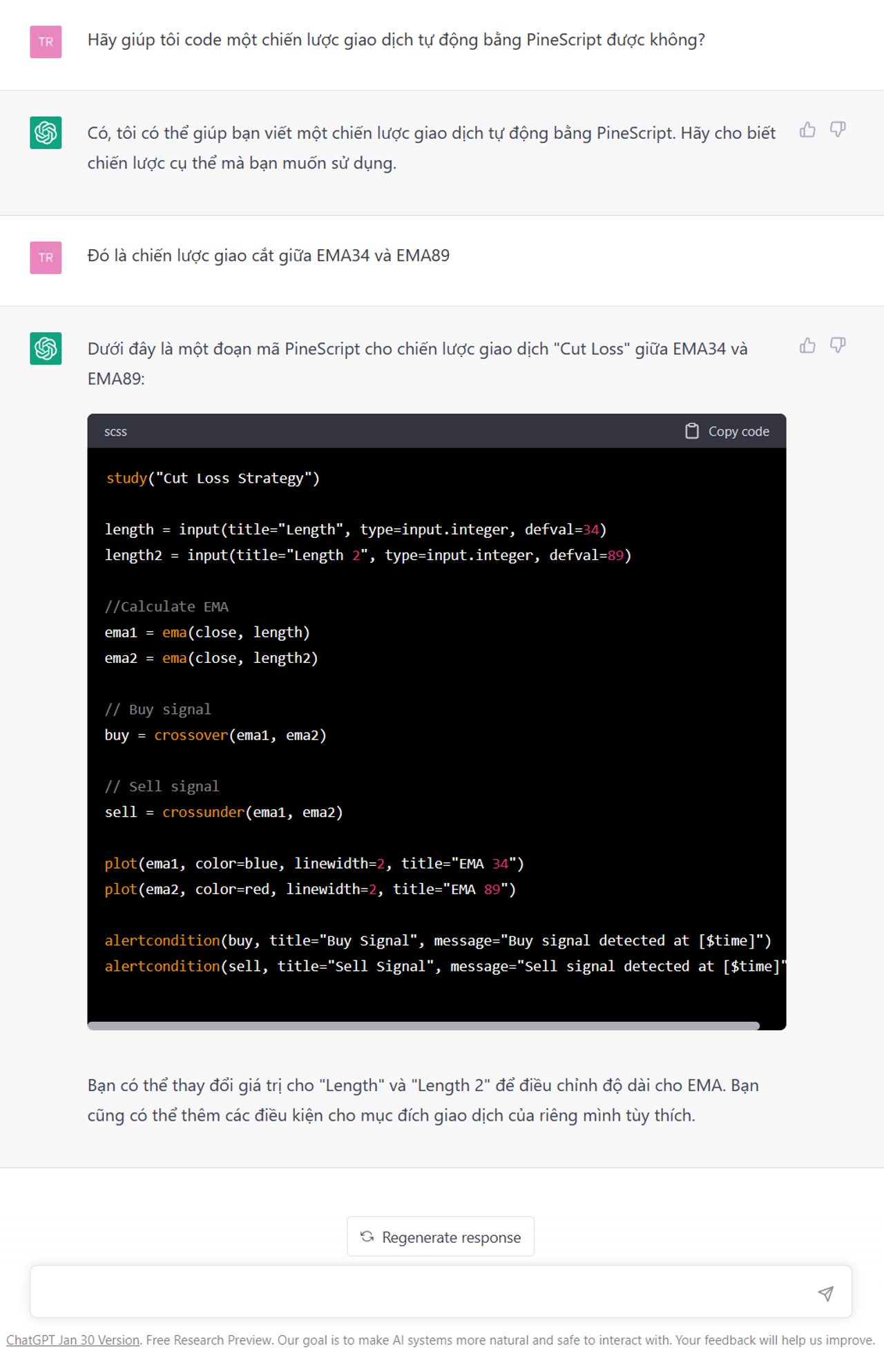 ChatGPT khi được yêu cầu code chiến lược giao dịch bằng PineScript.