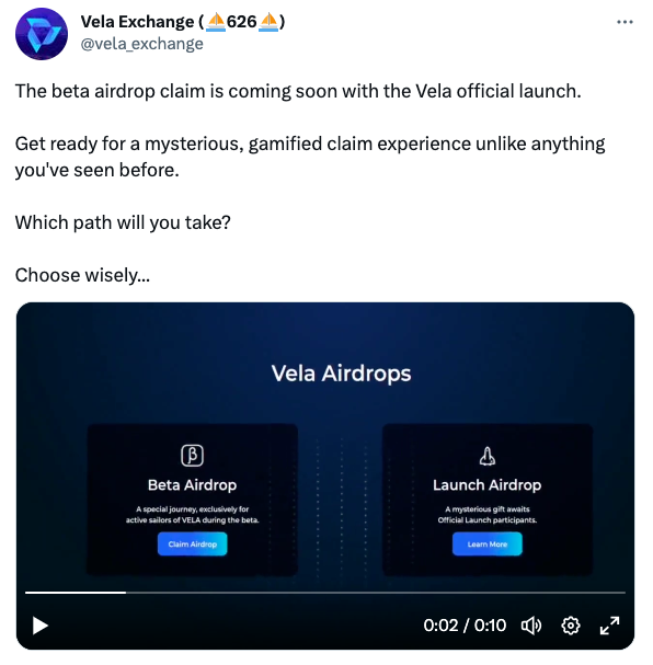 Thông báo về sự kiện airdrop của Vela trên Twitter