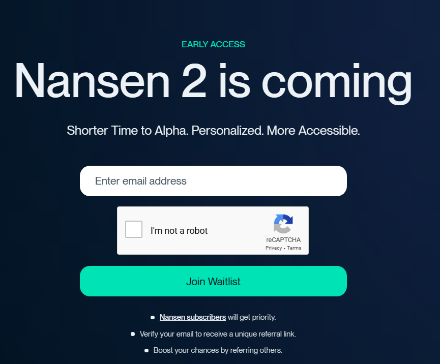Giao diện nhập email đăng ký waitlist Nansen 2.0.