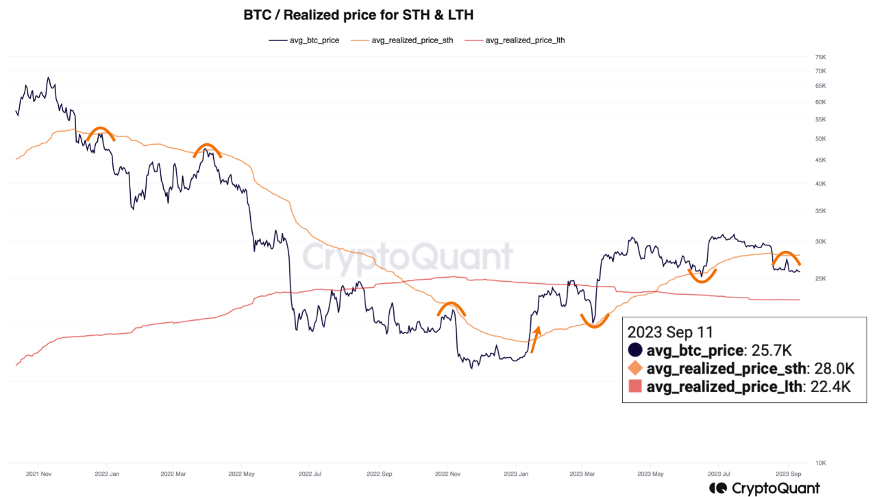 Giá Bicoin so sánh với giá thực hiện của Long-term holders và Short-term Holders. Nguồn: CryptoQuant.