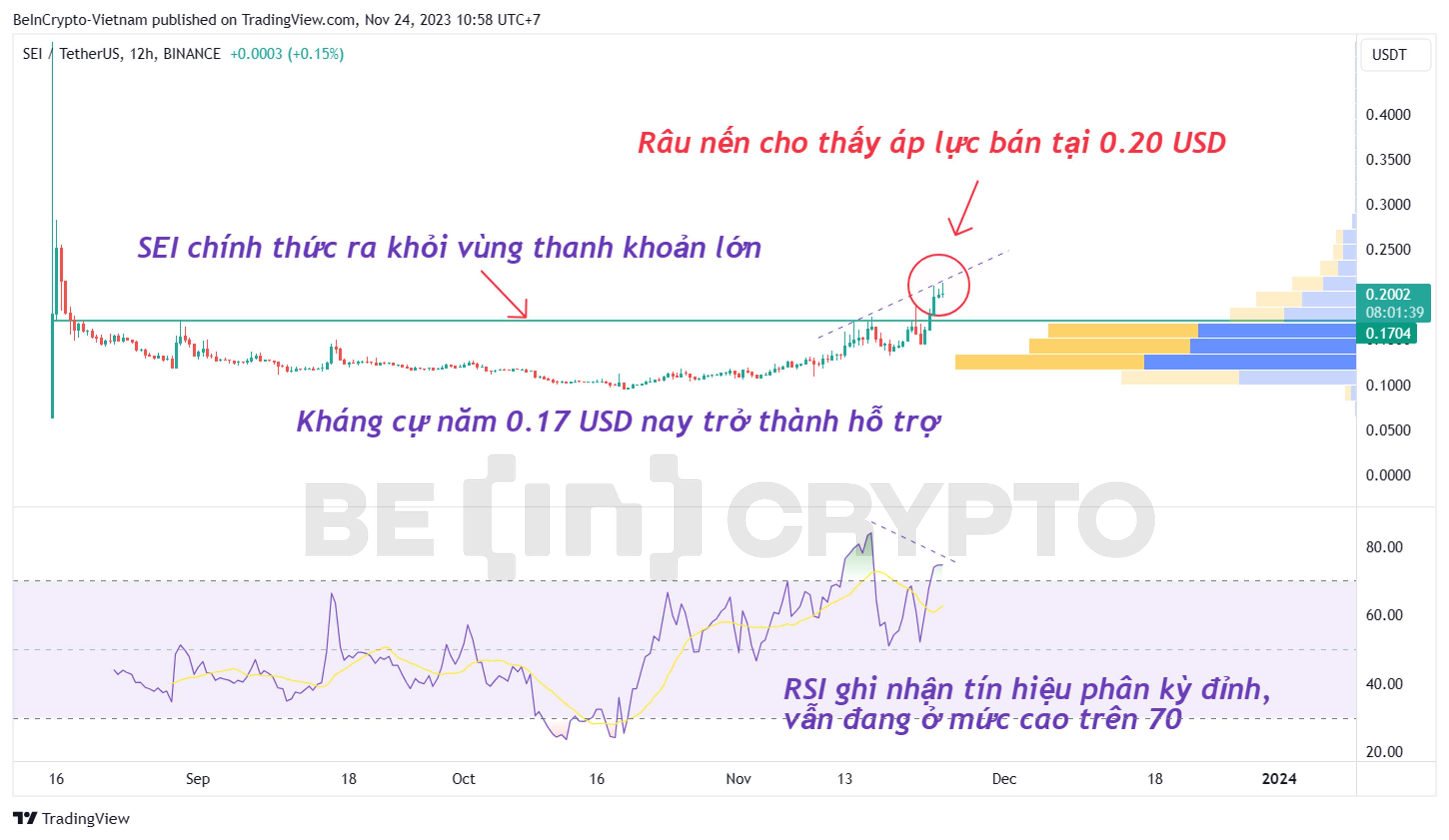 Phân tích kỹ thuật SEI khung 12h với RSI và Volume Profile.