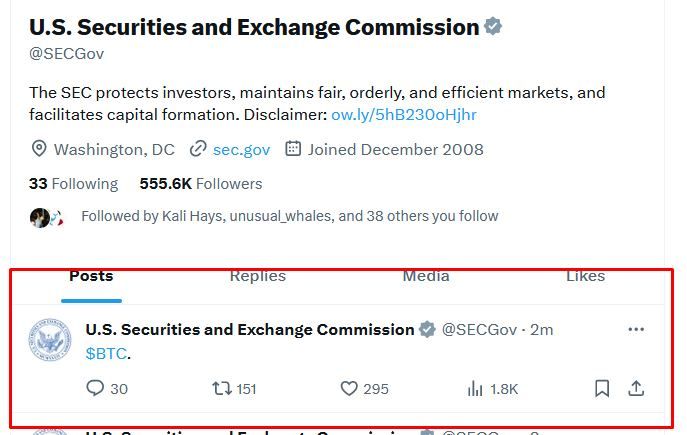 Đoạn tweet có gắn tag BTC của SEC nhưng đã bị xóa đi ngay sau đó. Nguồn: X