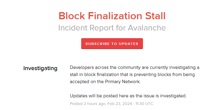 Thông báo mạng Avalanche ngừng hoạt động