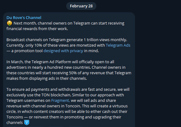 CEO của Telegram tuyên bố rằng tháng tới, chủ sở hữu kênh trên Telegram có thể bắt đầu nhận phần thưởng