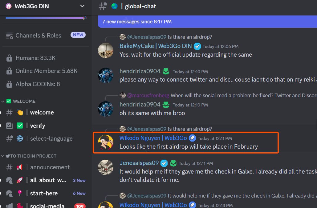 Thảo luận Discord của Web3 Go tiết lộ airdrop trong tháng 2.