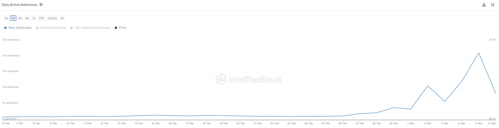 Lượng địa chỉ mới mỗi ngày của SHIB. Nguồn: IntoTheBlock.