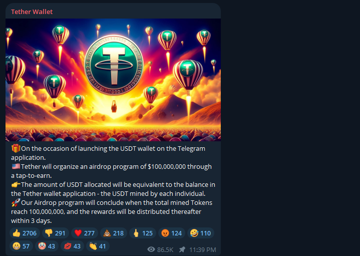 Thông báo chương trình airdrop 100 triệu USDT từ Tether.