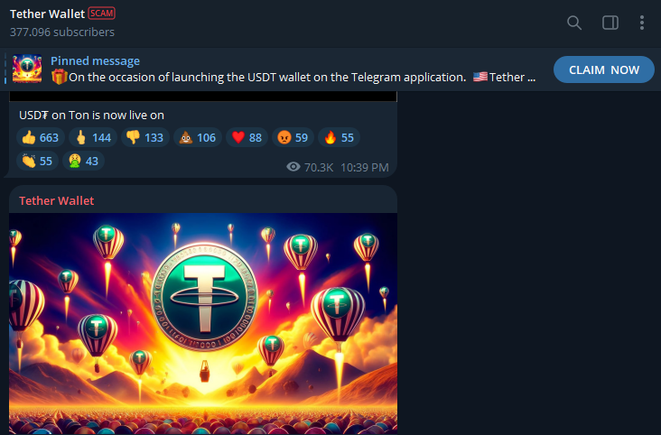 Channel Tether Wallet trên Telegram bị gắn nhãn scam