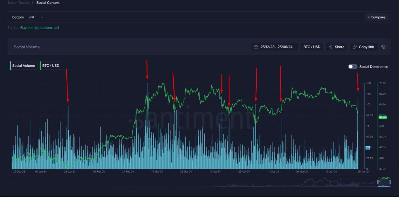 Thảo luận cộng đồng về chủ đề Crypto có từ khóa "bottom". Nguồn: Santiment.