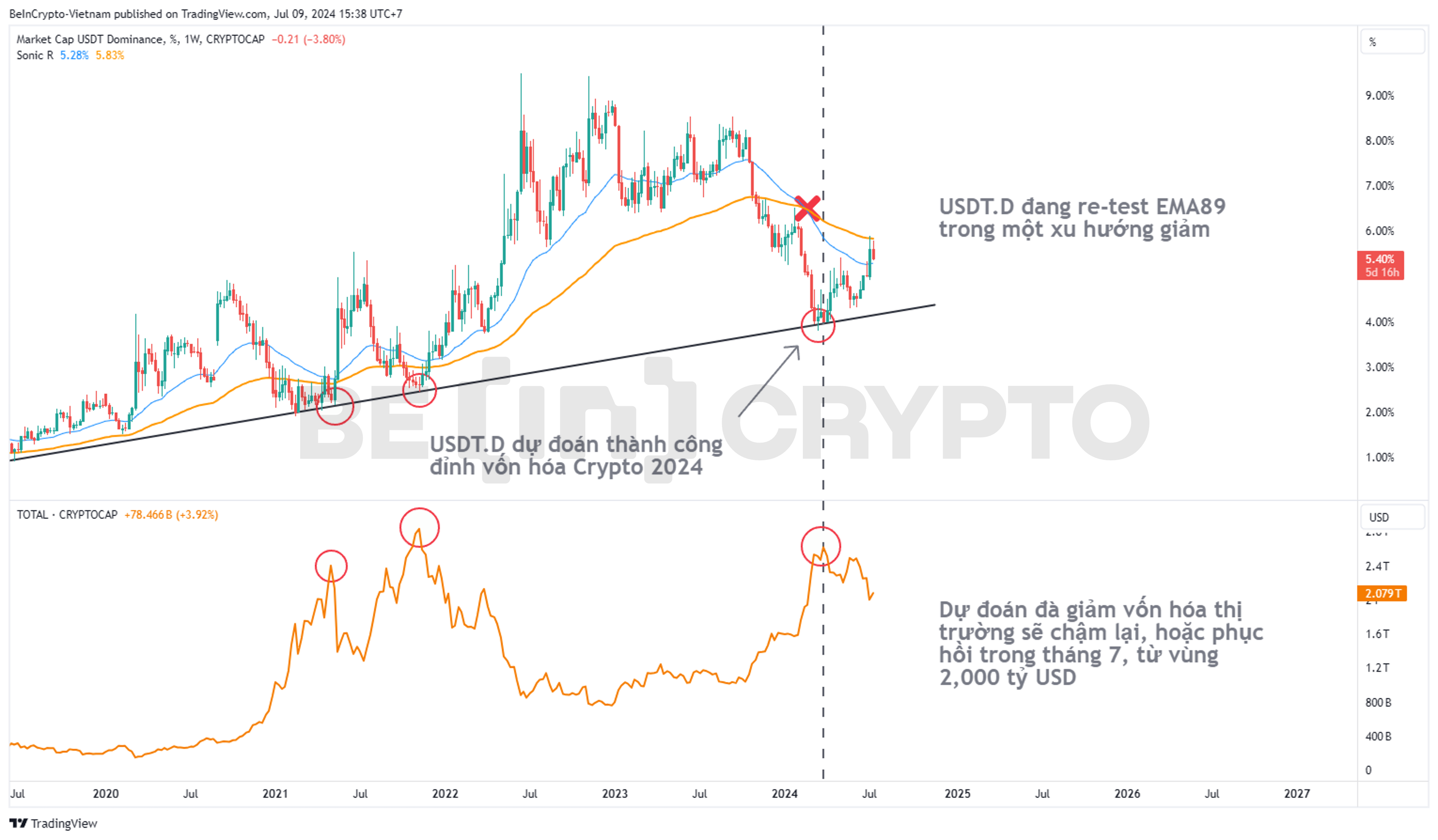 Biến động USDT.D và vốn hóa thị trường khung tuần.