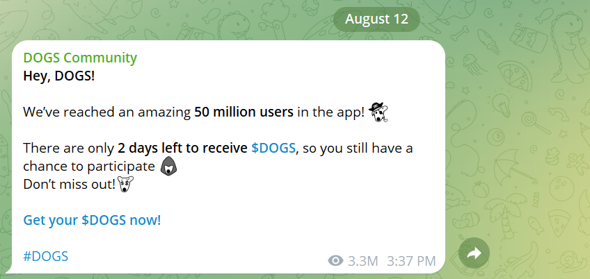 Thông báo mới nhất của Telegram Mini App DOGS. Nguồn: DOGS Community.