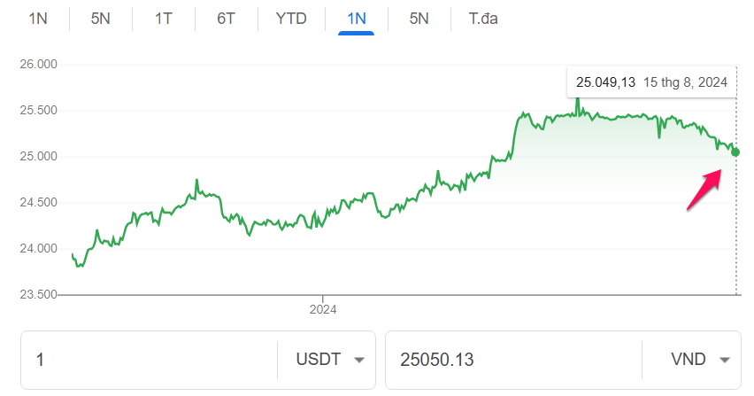 Biến động giá USDT/VND trong một năm qua. Nguồn: Google.