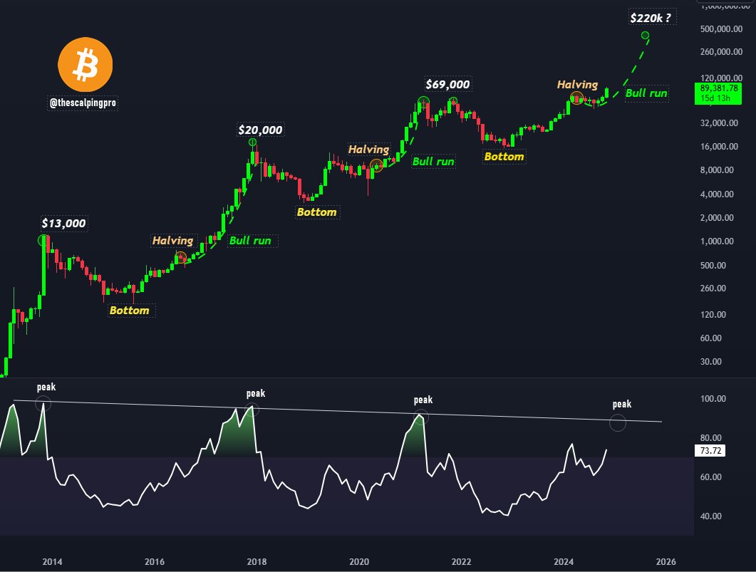 Giá Bitcoin và chỉ báo RSI trong khung tháng. Nguồn: @thescalpingpro