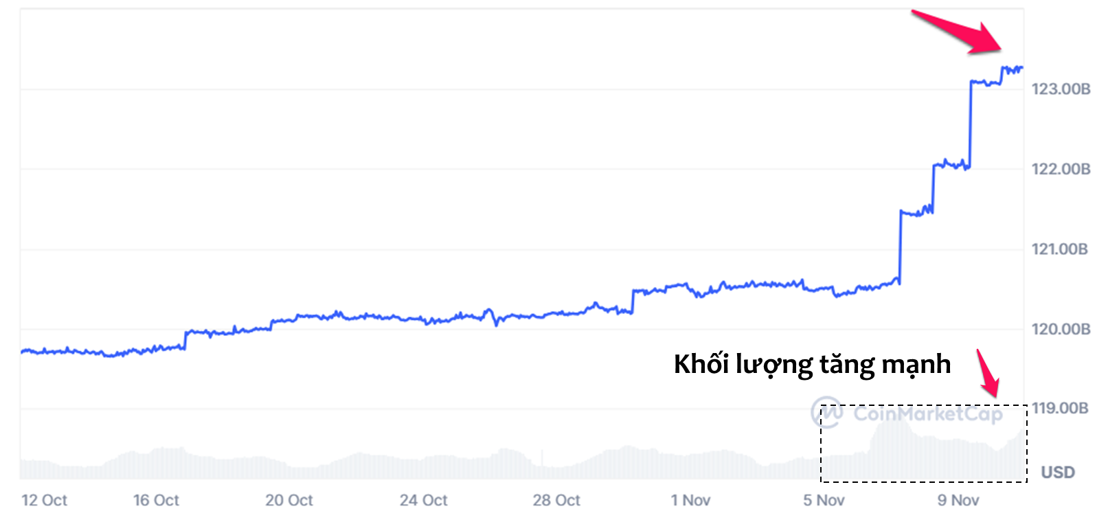 Vốn hóa và khối lượng giao dịch USDT tăng mạnh trong tháng 11. Nguồn: CoinMarketcap.