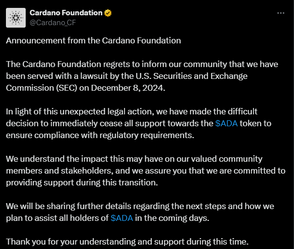 Thông báo liên quan đến SEC của Cardano Foundation