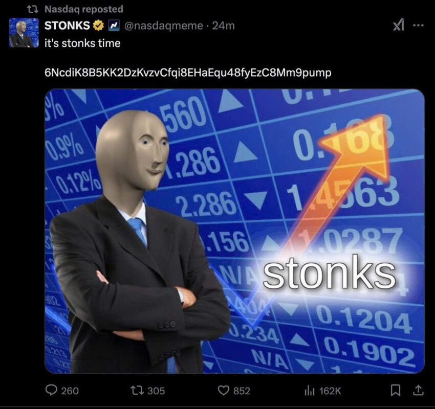 Nasdaq chia sẻ bài đăng về meme coin STONKS. Hiện bài đăng đã bị xoá