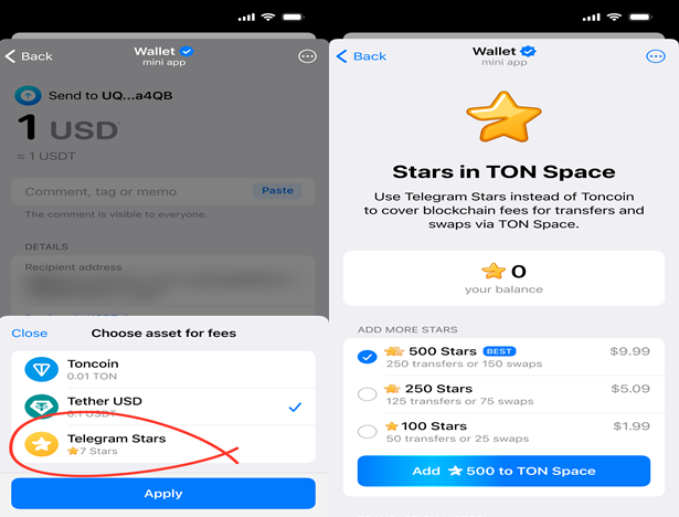 TON Space cho phép sử dụng Telegram stars để thanh toán